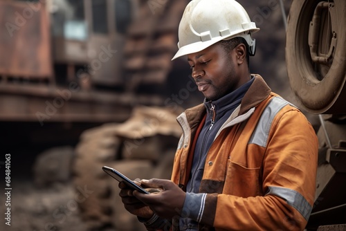 A young Black African nining construction worker with digital tablet in open pit quarry