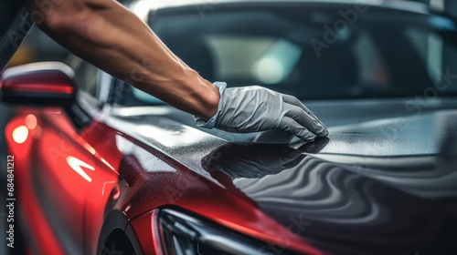 A man applies a nano protective coating to the car. Car detailing. © Zahid
