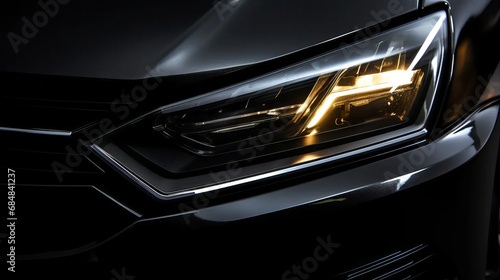 Headlights of a car in the dark. Headlights for sports cars. LED headlight replacement for vehicle at night © Zahid