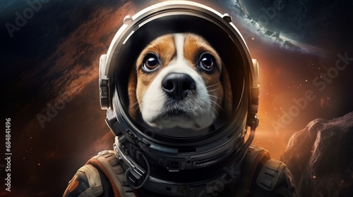 Beagle in spacesuit exploring the depths of space photo