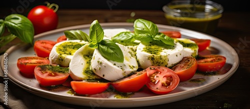 Italian caprese salad with pesto sauce, consisting of fresh mozzarella, sliced tomatoes, basil leaves, and olive oil, arranged as a vegetarian Mediterranean dish, serves as a healthy starter and