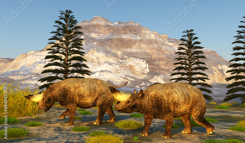 Arsinoitherium among Walchia Trees - Arsinoitherium was a heavy rhinoceros-like mammal that lived in Africa during the Early Oligocene. photo