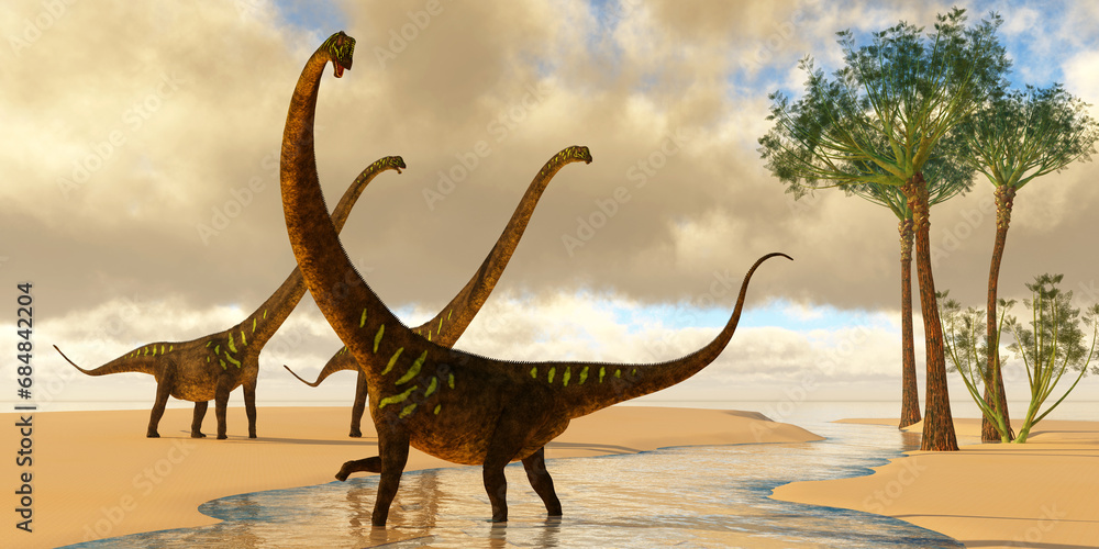 Φωτογραφία Mamenchisaurus at the Beach - Mamenchisaurus sauropod dinosaurs play in a stream with Wattieza trees grow nearby