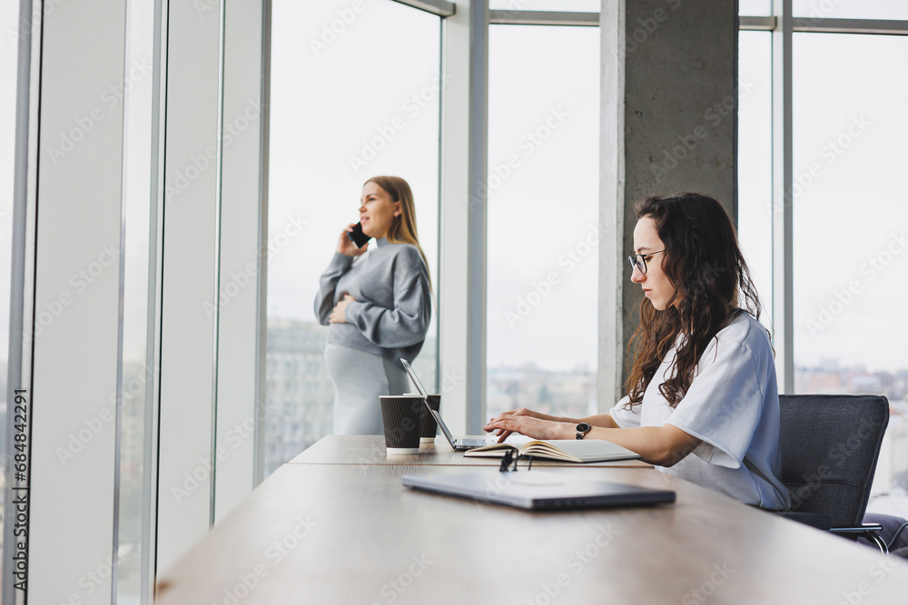 Two young women work in a modern office. Work office space with large windows. Woman manager works at the desk sitting in the office. Two young women work in a modern office. Work office space with large windows. Woman manager works at the desk sitting in the office.