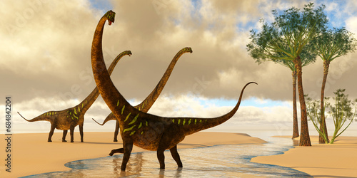 Mamenchisaurus at the Beach - Mamenchisaurus sauropod dinosaurs play in a stream with Wattieza trees grow nearby.