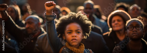 Black child is with their fist raised in the air. Crowd of people on background. Possibly at a protest or gathering. African American History or Black History Month concept