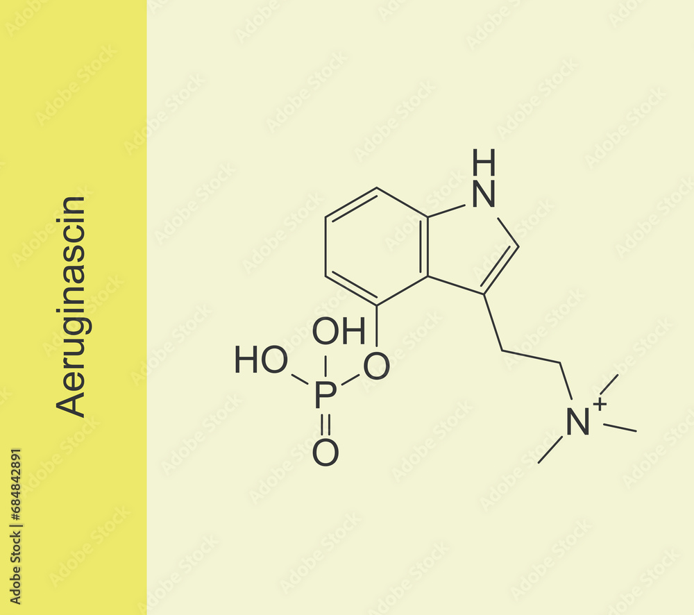 Fototapeta premium Aeruginascin molecular structure, skeletal formula diagram on yellow background. Scientific EPS10 vector illustration.