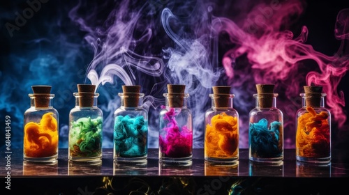 Jars of liquids for vape in multi-colored smoke photo