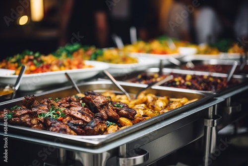 Group of people on catering buffet food indoor in restaurant with grilled meat. Buffet service for any festive event, party or wedding reception © Boraryn