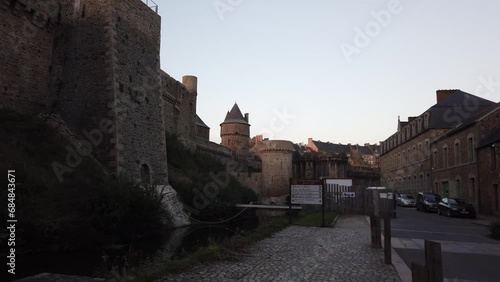 Fougères, France, October 9, 2023: DOLLY SHOT - The Chateau de Fougères is a castle in the commune of Fougères in the Ille-et-Vilaine. Fougères Castle is the largest medieval fortress in Europe. photo