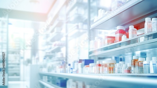 Blurred background of a pharmacy store with pill bottles on the shelves. Pharmacist and medicine concept   photo