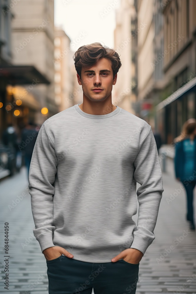 handsome man with a simple empty gray sweatshirt on a city street, mock up for printing handsome man with a simple empty gray sweatshirt on a city street, mock up for printing