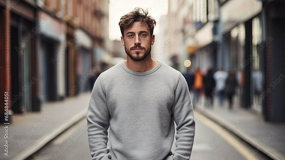 handsome man with a simple empty gray sweatshirt on a city street, mock up for printing handsome man with a simple empty gray sweatshirt on a city street, mock up for printing