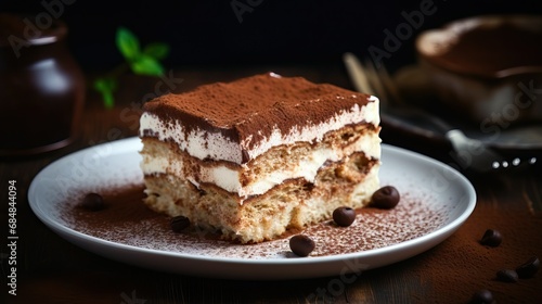 slice of tiramisu is delicious and mouth-watering on the cooking table, food photography, 