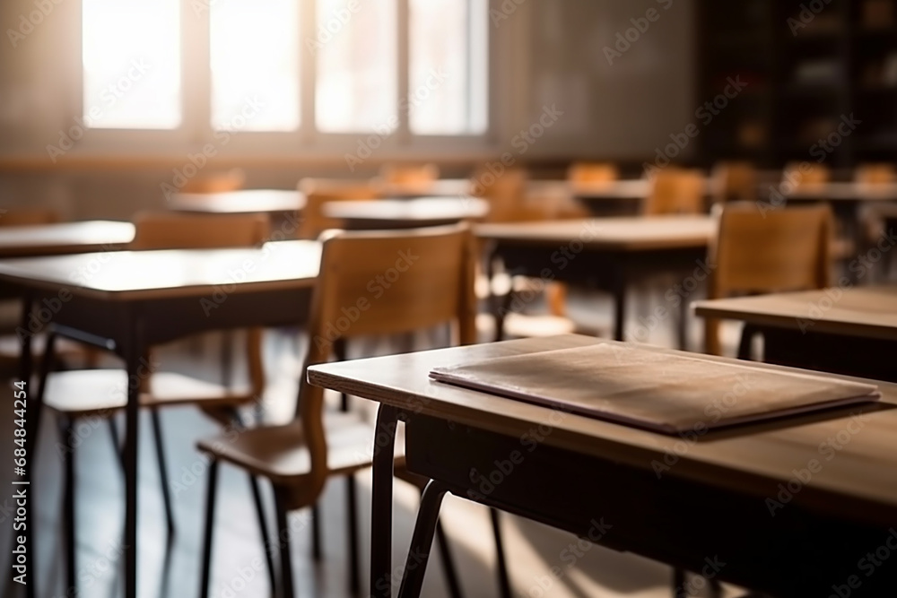 Blurry View of Elementary Classroom, No Kids or Teacher, with Chairs and Tables in Campus - Educational Ambiance with Abstract Aesthetics - Created with Generative AI Tools Blurry View of Elementary Classroom, No Kids or Teacher, with Chairs and Tables in Campus - Educational Ambiance with Abstract Aesthetics - Created with Generative AI Tools