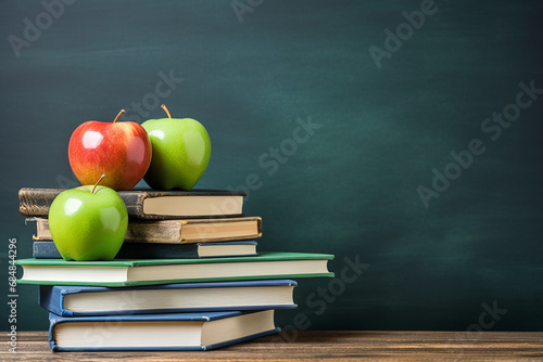 Back to School Background - Books and Apple Over Blackboard - Educational Concept - Created with Generative AI Tools