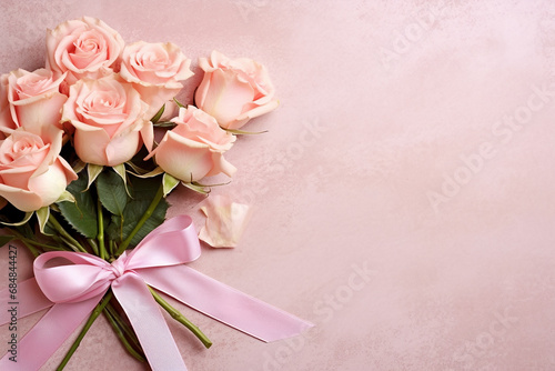 Valentine s Day Background with Pink Roses  Bow  and Paper Hearts - Romantic Love Celebration - Created with Generative AI Tools