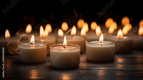 Candles burning at night. White Candles Burning in the Dark with focus on single candle in foreground