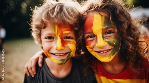 HAPPY CHILD WITH FACE PAINTED WITH FLAG