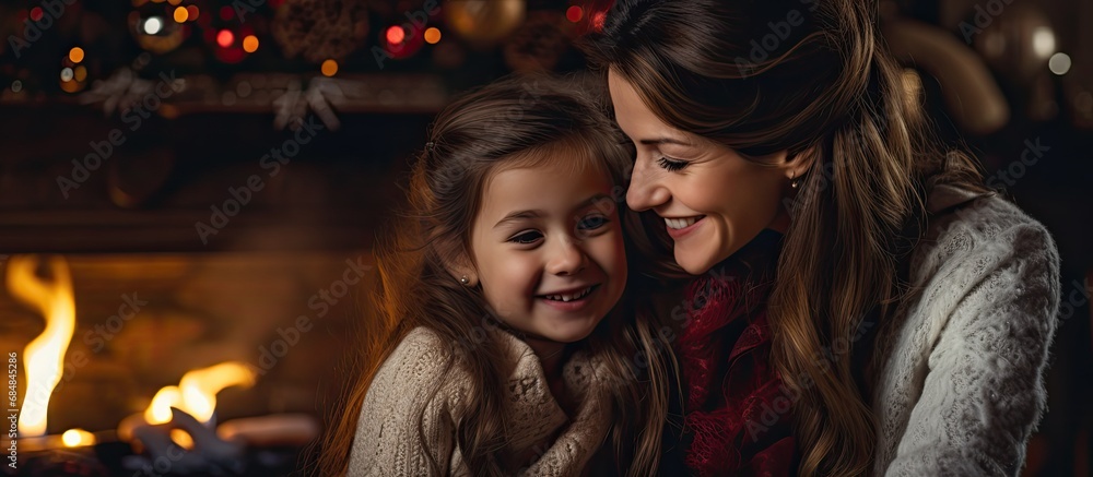 Mother and daughter next to fireplace for Christmas.