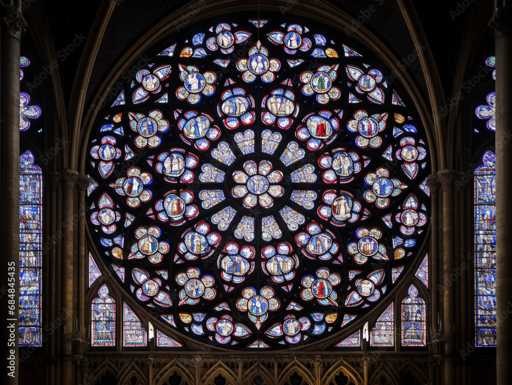 A beautifully detailed stained glass window featuring an intricate design pattern and vibrant colors.
