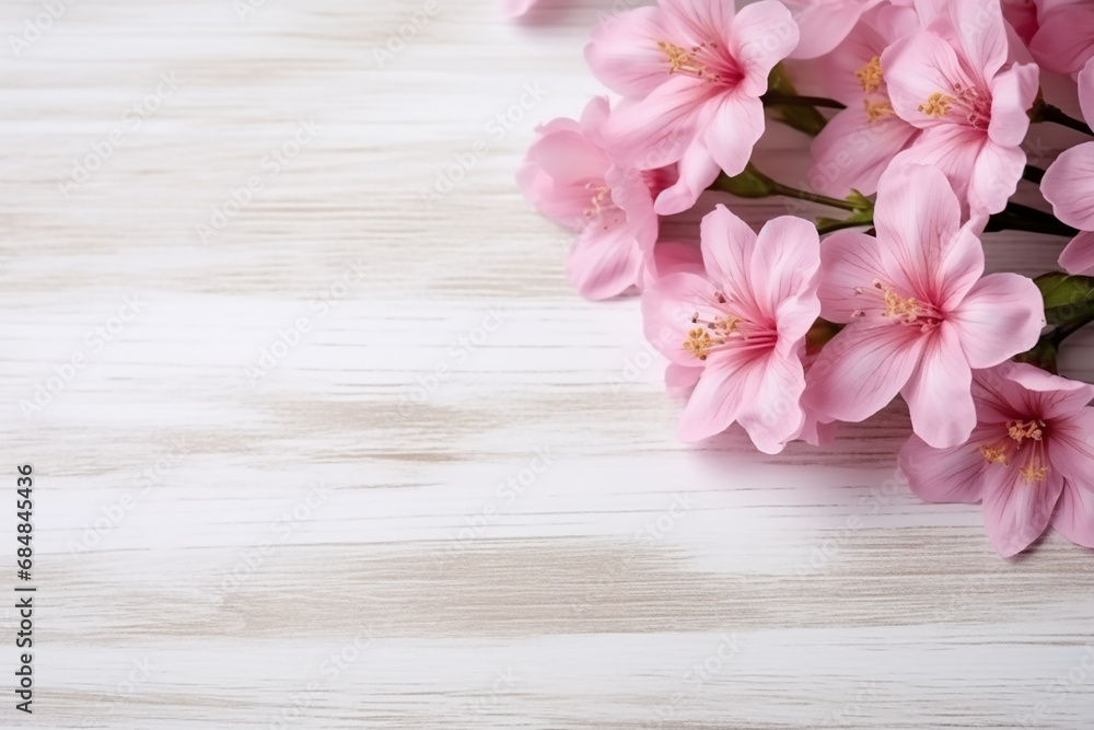 Flowers Composition for Valentine's, Mother's, or Women's Day - Pink Flowers on Old White Wooden Background - Still-Life - Created with Generative AI Tools