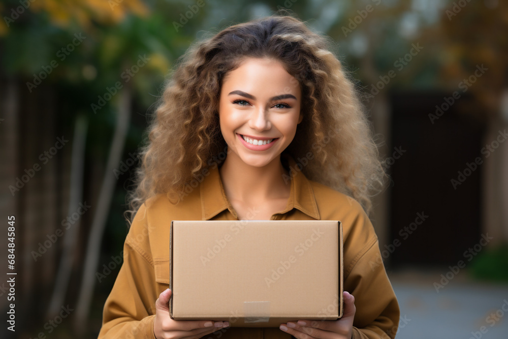 Portrait of a smiling young woman holding a cardboard box and looking at camera Portrait of a smiling young woman holding a cardboard box and looking at camera