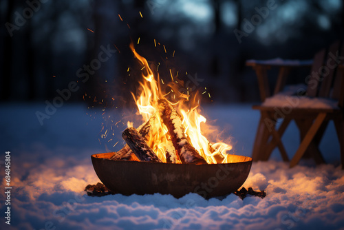Bonfire in winter forest. Camping in the woods. Evening time.