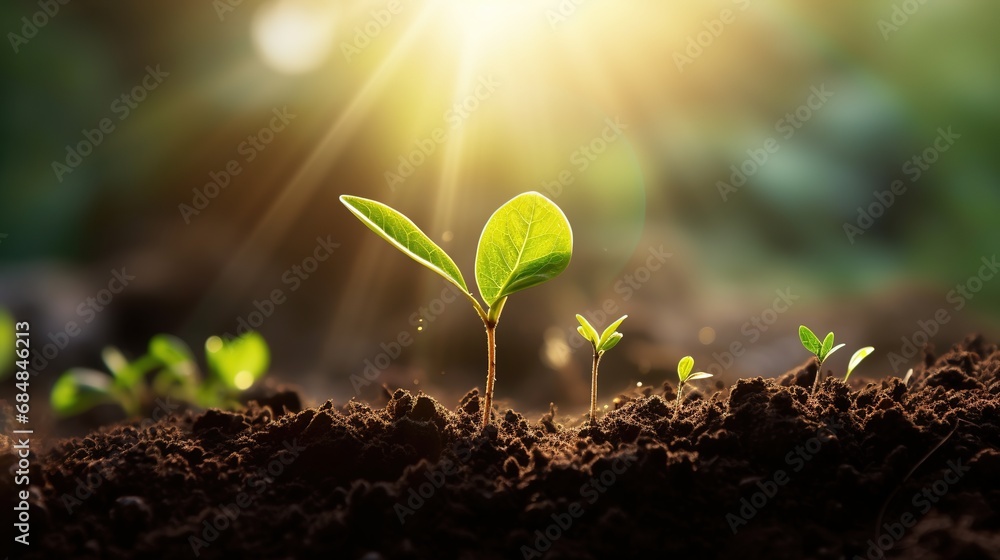 The seedling are growing from the rich soil to the morning sunlight that is shining, ecology concept. wide panoramic banner - obrazy, fototapety, plakaty 