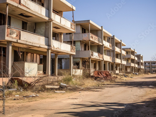 An image of a run-down, overcrowded public housing complex showcasing poor living conditions.