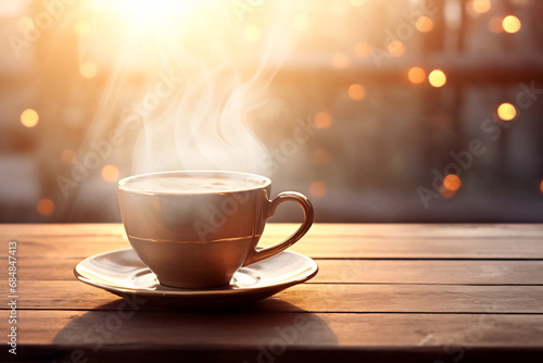 A cup of hot drink with steam against golden bokeh background