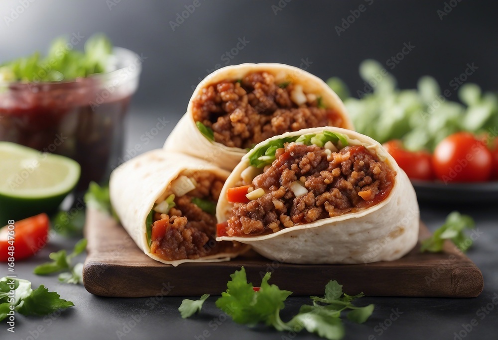 A delicious burrito filled with minced meat and vegetables fast food A delicious burrito filled with minced meat and vegetables fast food