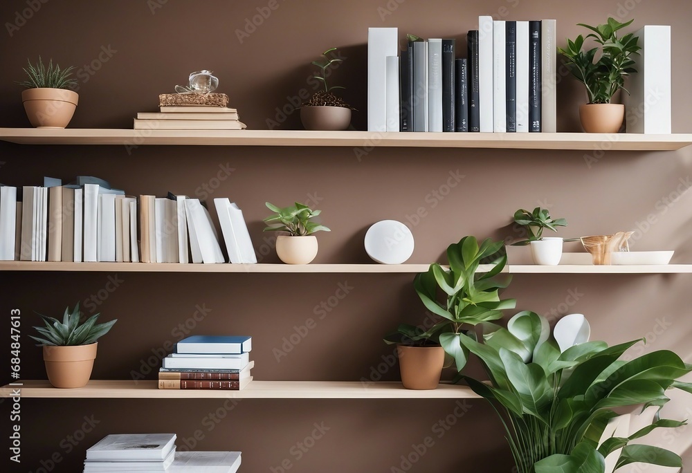 A light brown wall shelf against a brown wall with books and plants A light brown wall shelf against a brown wall with books and plants
