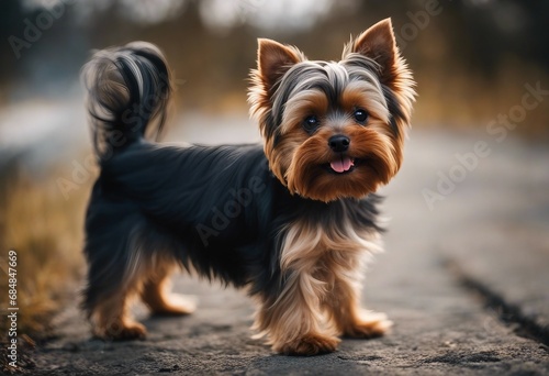 A young cute yorkshire terrier with black and brown fur poses and sticks out its tongue © FrameFinesse
