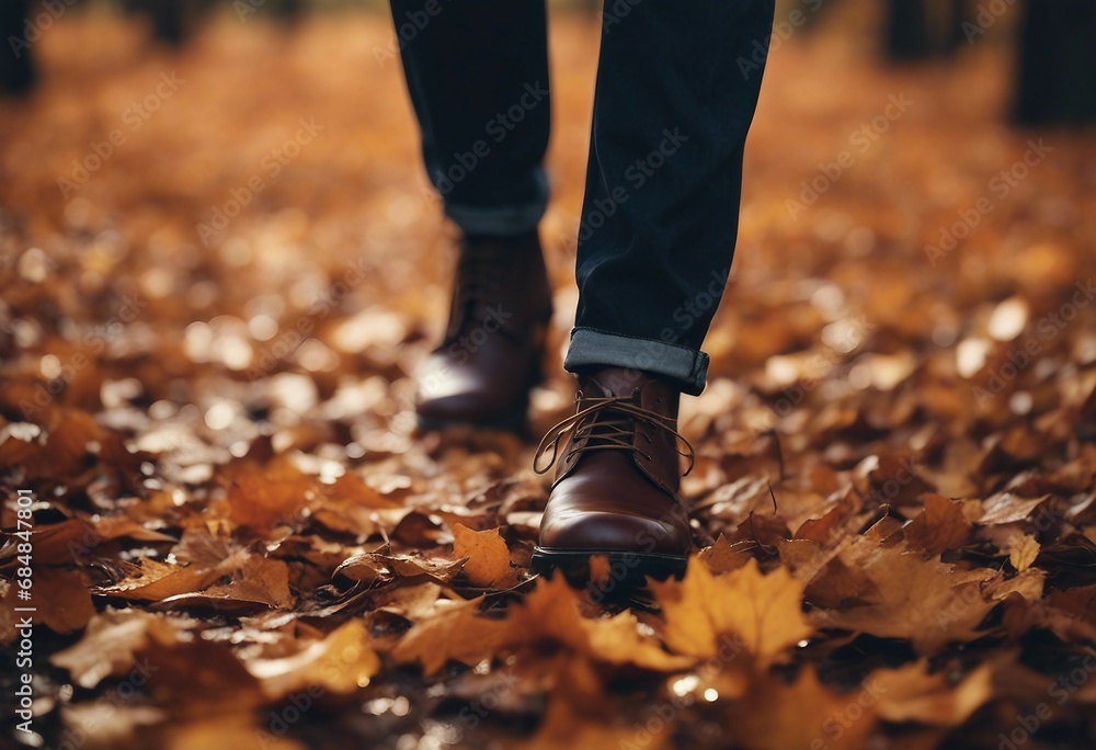 Wandering feet on wet ground with fallen leaves in autumn