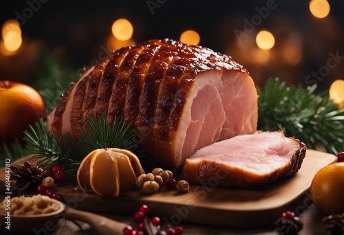 With honey glazed Christmas ham photo