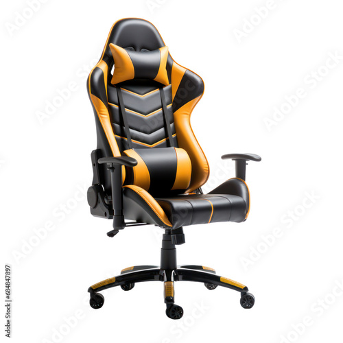 Gaming chair, black, yellow, orange, isolated