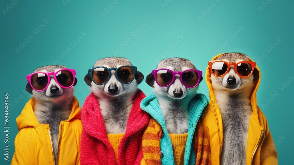Fashionable Group in Bright Outfits on Solid Background