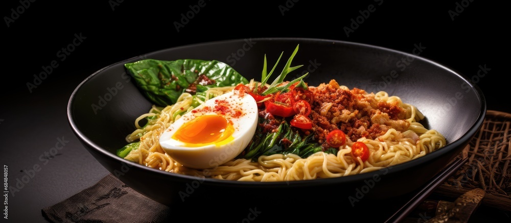 Indomie Mie Kuah Telur: instant noodle soup with egg and chili, served in a black bowl. Indomie Mie Kuah Telur: instant noodle soup with egg and chili, served in a black bowl.