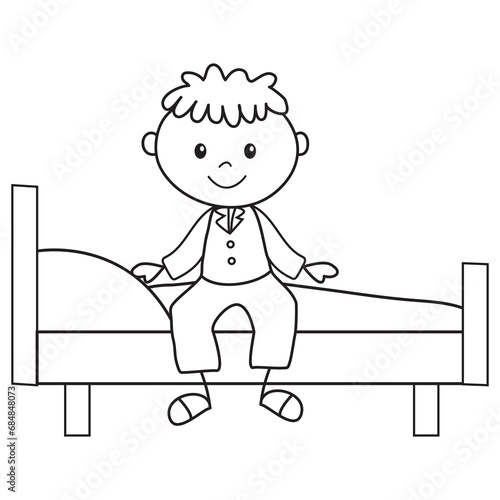 Stick figure  boy  in pajamas sitting on the bed  vector cartoon illustration