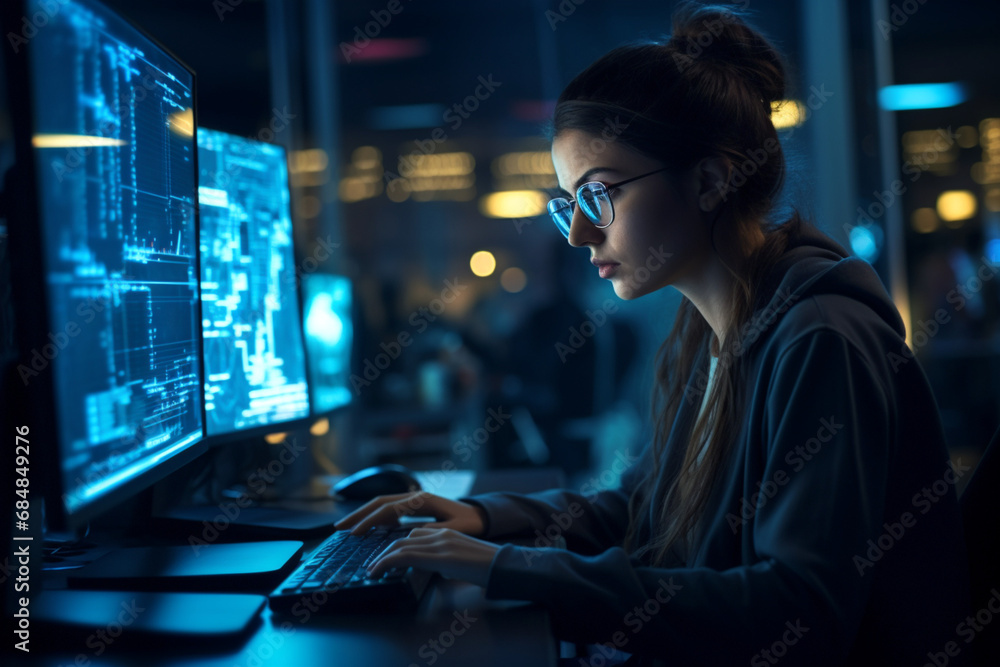 Young girl programmer writing code on the keyboard, in the office space at night. Generated AI