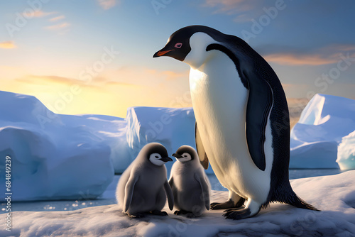 Penguin and Chicks - Adorable and dressed in fluffy feathers  penguin chicks huddle together for warmth in icy colonies