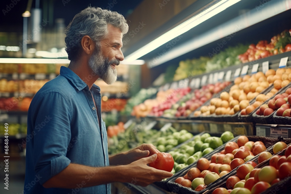 Mature man shopping in grocery store, Side view choosing fresh fruits and vegetables in supermarket, Shopping concept - obrazy, fototapety, plakaty 