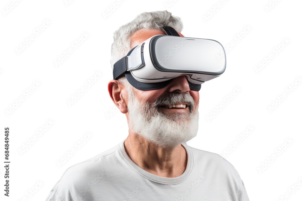 Old man using virtual reality headset. Isolated on transparent background. VR, future, gadgets, technology, video game concept Old man using virtual reality headset. Isolated on transparent background. VR, future, gadgets, technology, video game concept