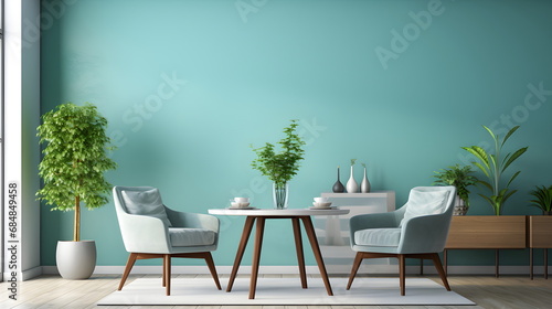 Farmhouse interior Dining Area with Light Blue color theme