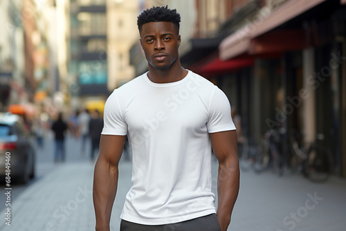 Male African model in a classic white cotton T-shirt on a city street. Generative AI