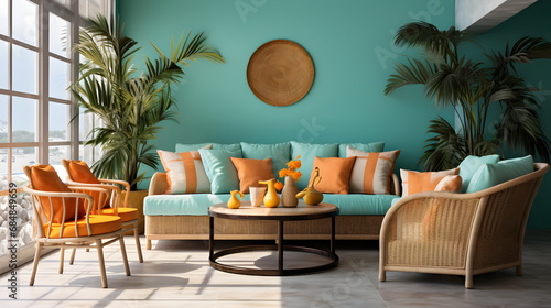 Mediterranean interior Dining Area with Turquoise color theme