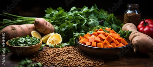 Moroccan Sweet Potato Lentil Soup ingredients: Lentils, fresh veggies, and spices for veggie soup, on a wooden table. photo