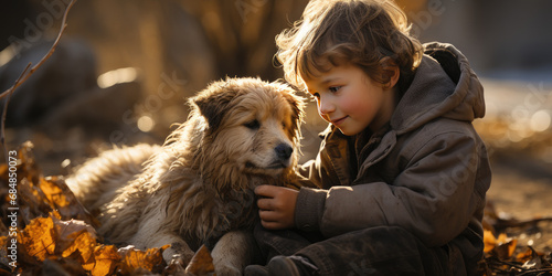 A small child hugs their pet Golden Retriever. generative ai 