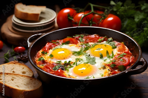frying pan with shakshuka on a wooden table